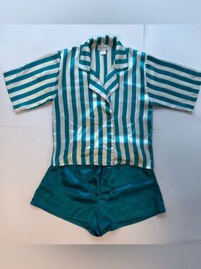 L'Intima Collection Pajama Set Strip Top Teal Sz S